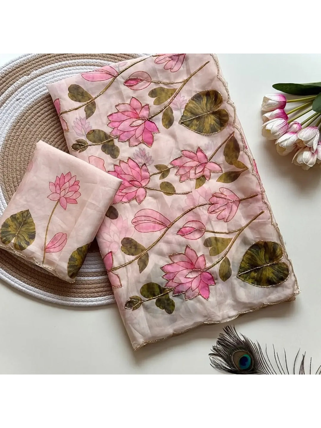 Peachmode Ivory Floral Printed Silk Blend Saree With Handwork - Image 4