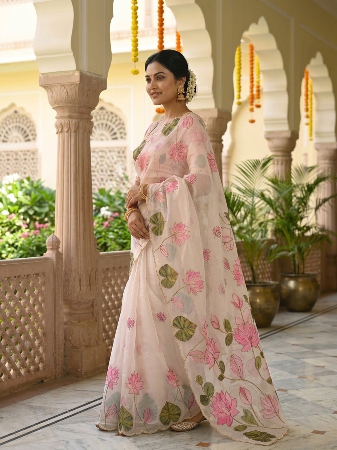 Peachmode Ivory Floral Printed Silk Blend Saree With Handwork - Image 1