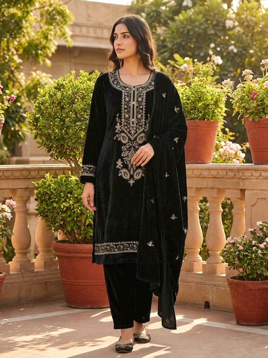Peachmode Black Embroidered Velvet Salwar Suit with Dupatta - Image 1