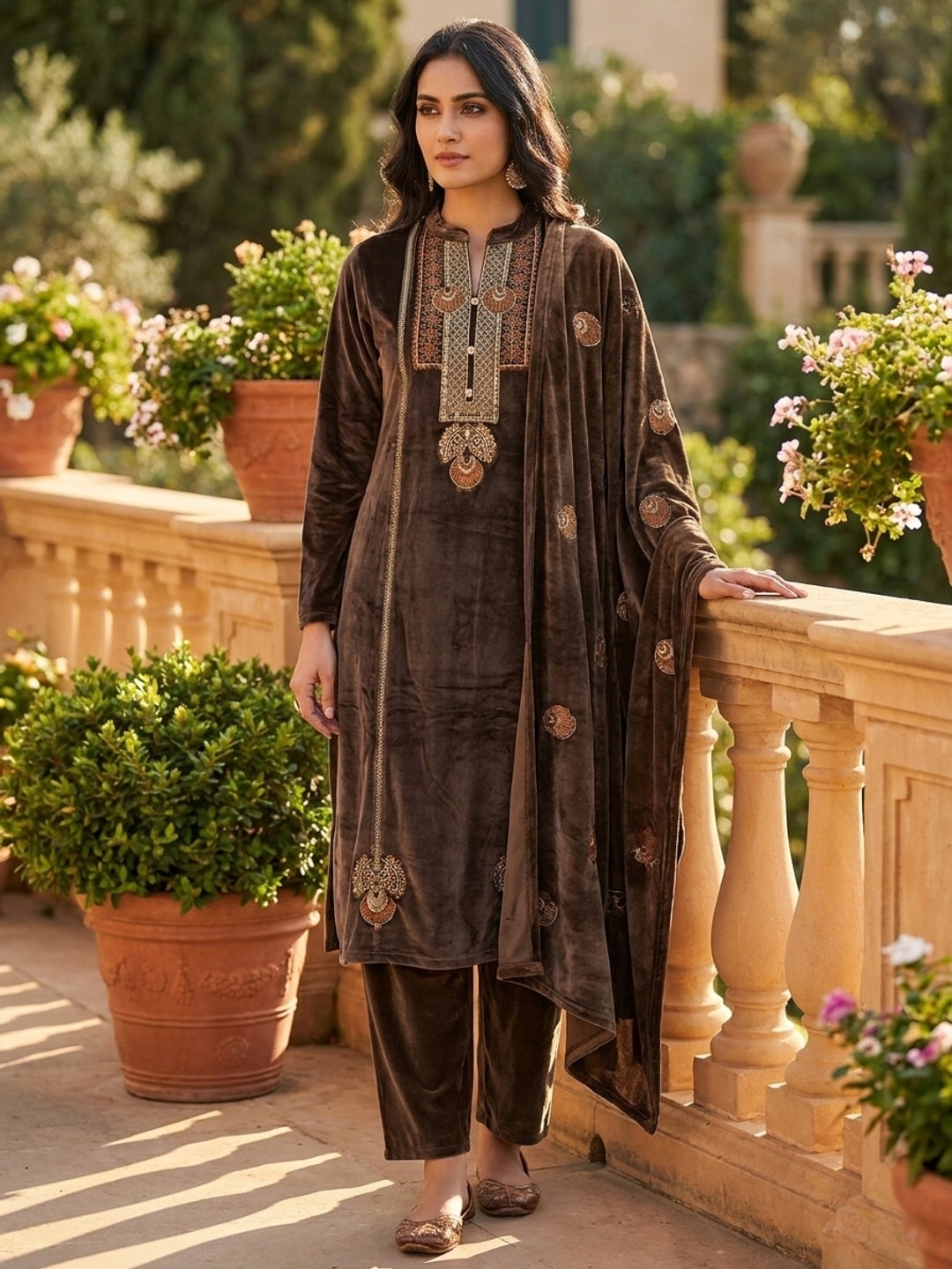 Peachmode Brown Embroidered Velvet Salwar Suit with Dupatta - Image 1