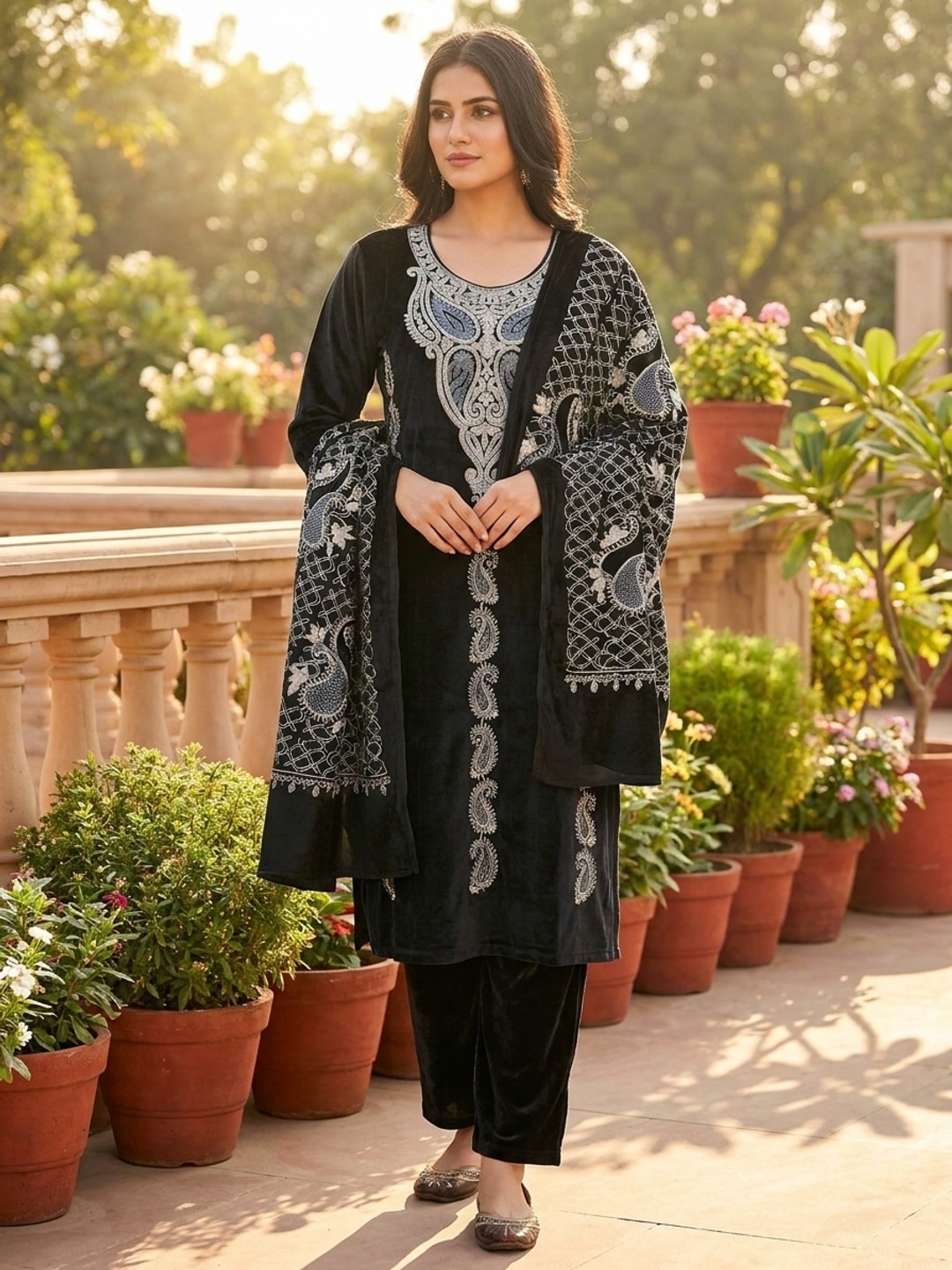 Peachmode Black Paisley Embroidered Velvet Salwar Suit with Dupatta - Image 1