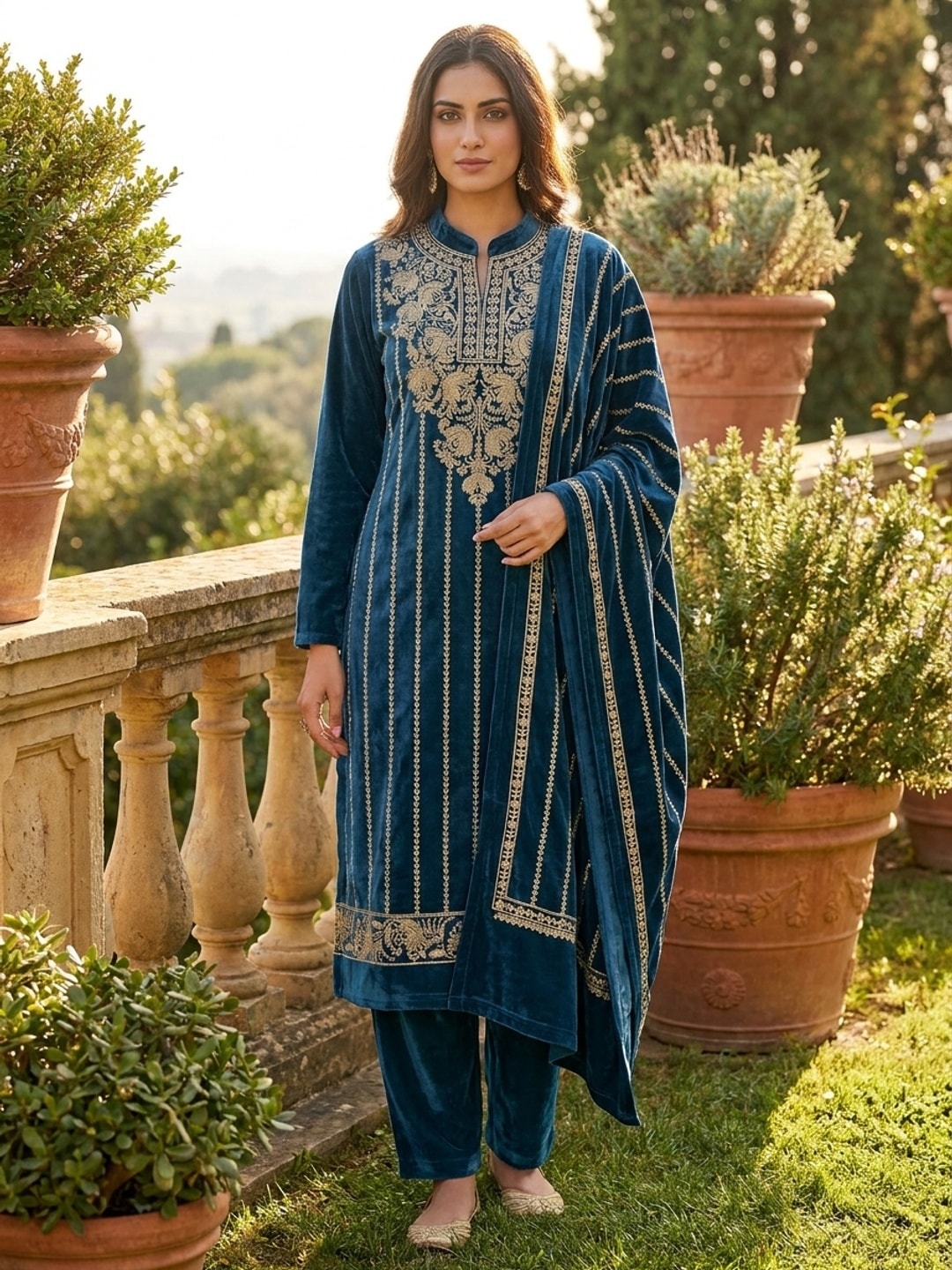 Peachmode Blue Gold Embroidered Velvet Salwar Suit with Dupatta - Image 1