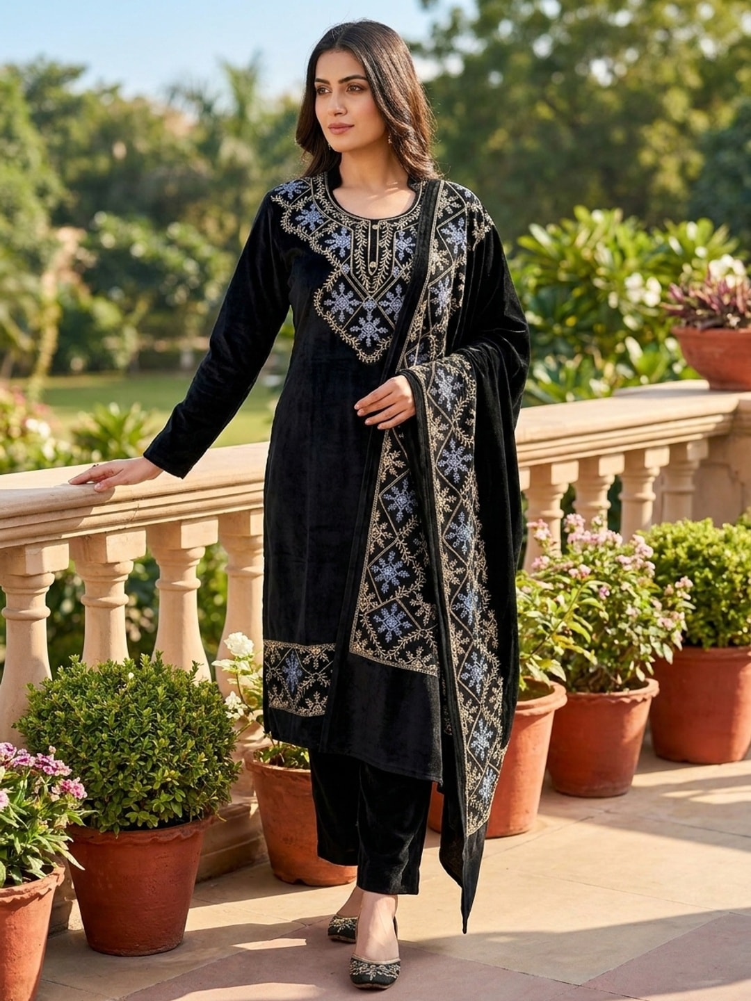 Peachmode Black Snowflake Embroidered Velvet Salwar Suit with Dupatta - Image 1
