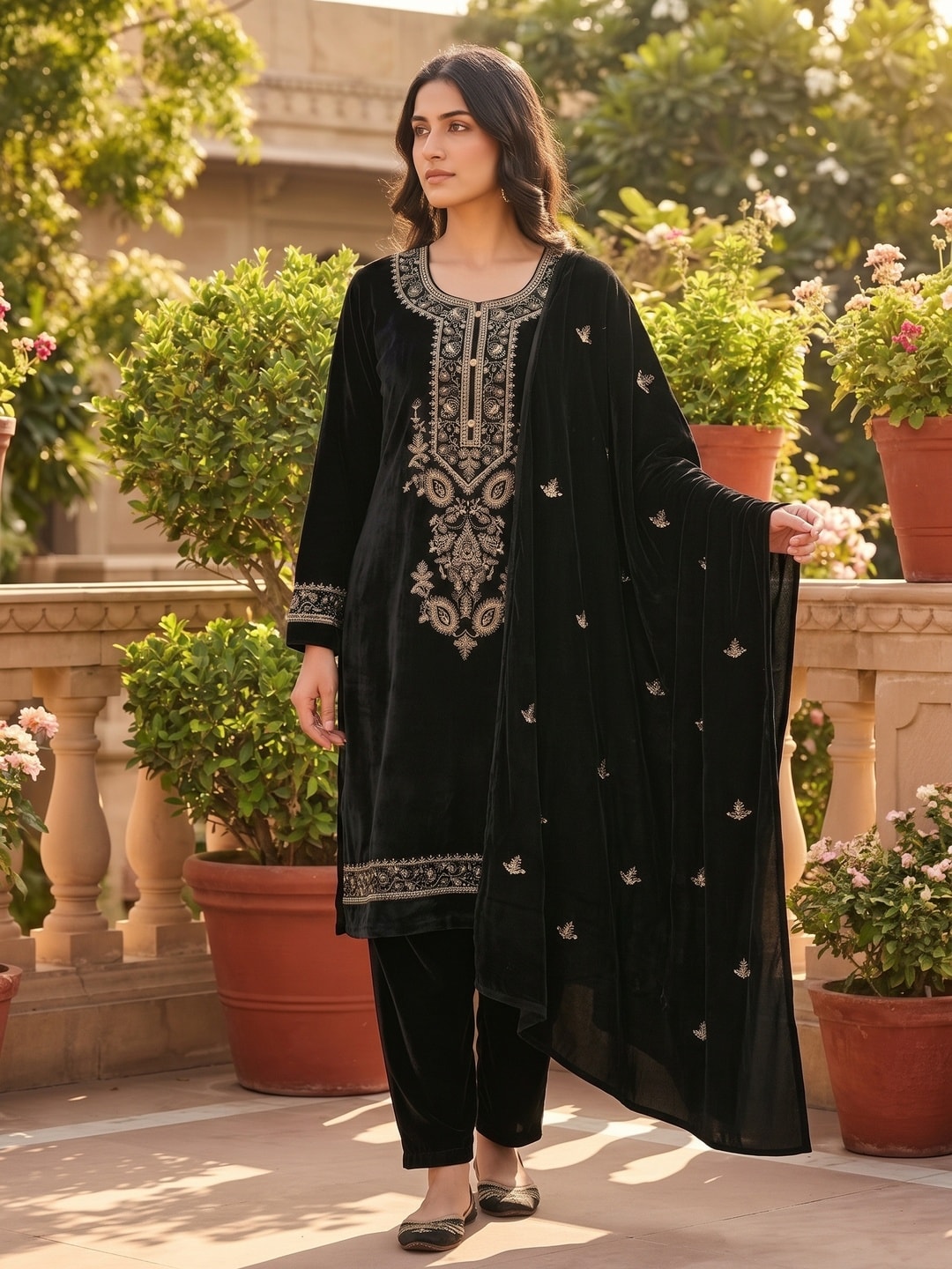 Peachmode Black Embroidered Velvet Salwar Suit with Dupatta - Image 2