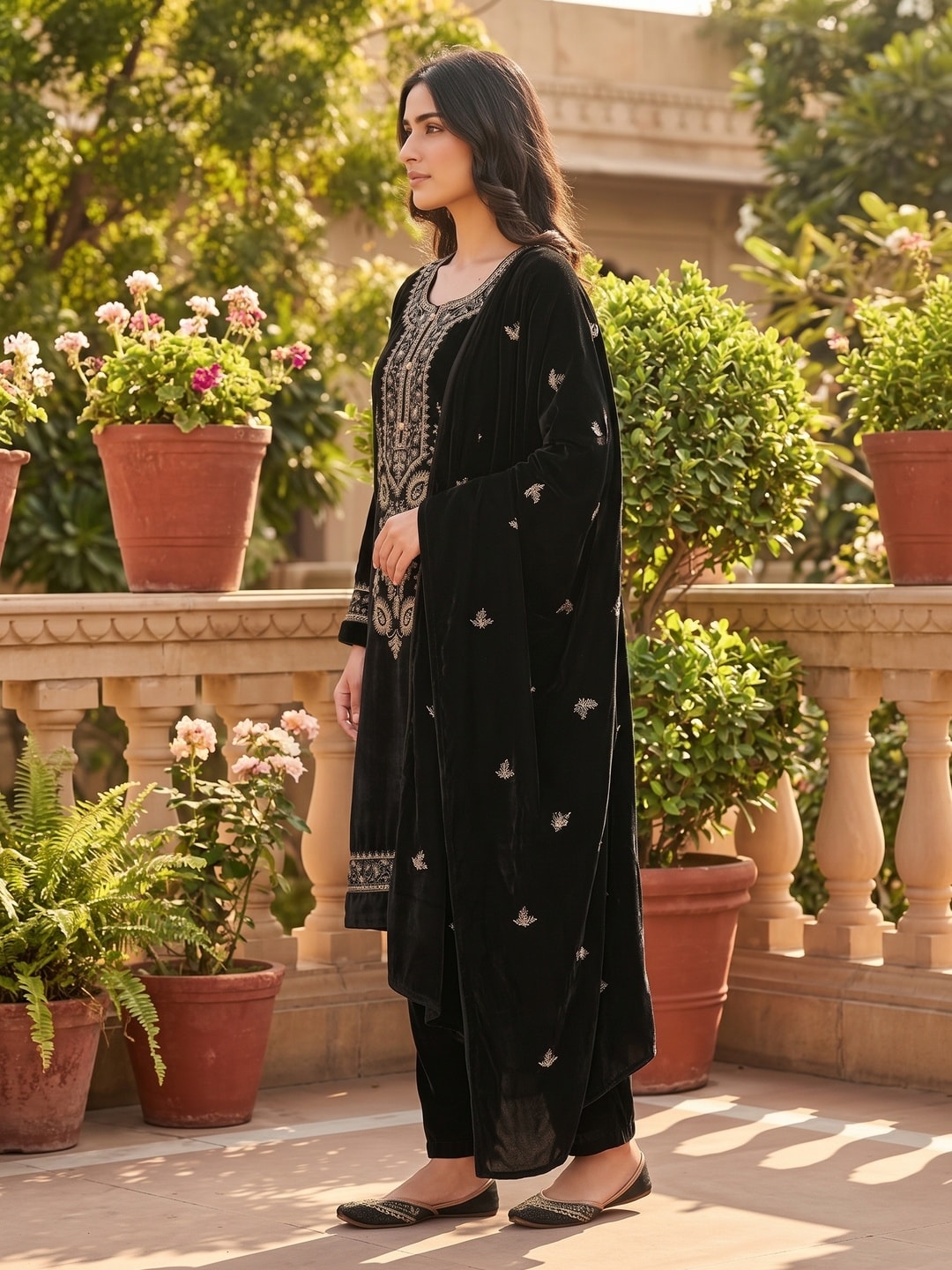 Peachmode Black Embroidered Velvet Salwar Suit with Dupatta - Image 3