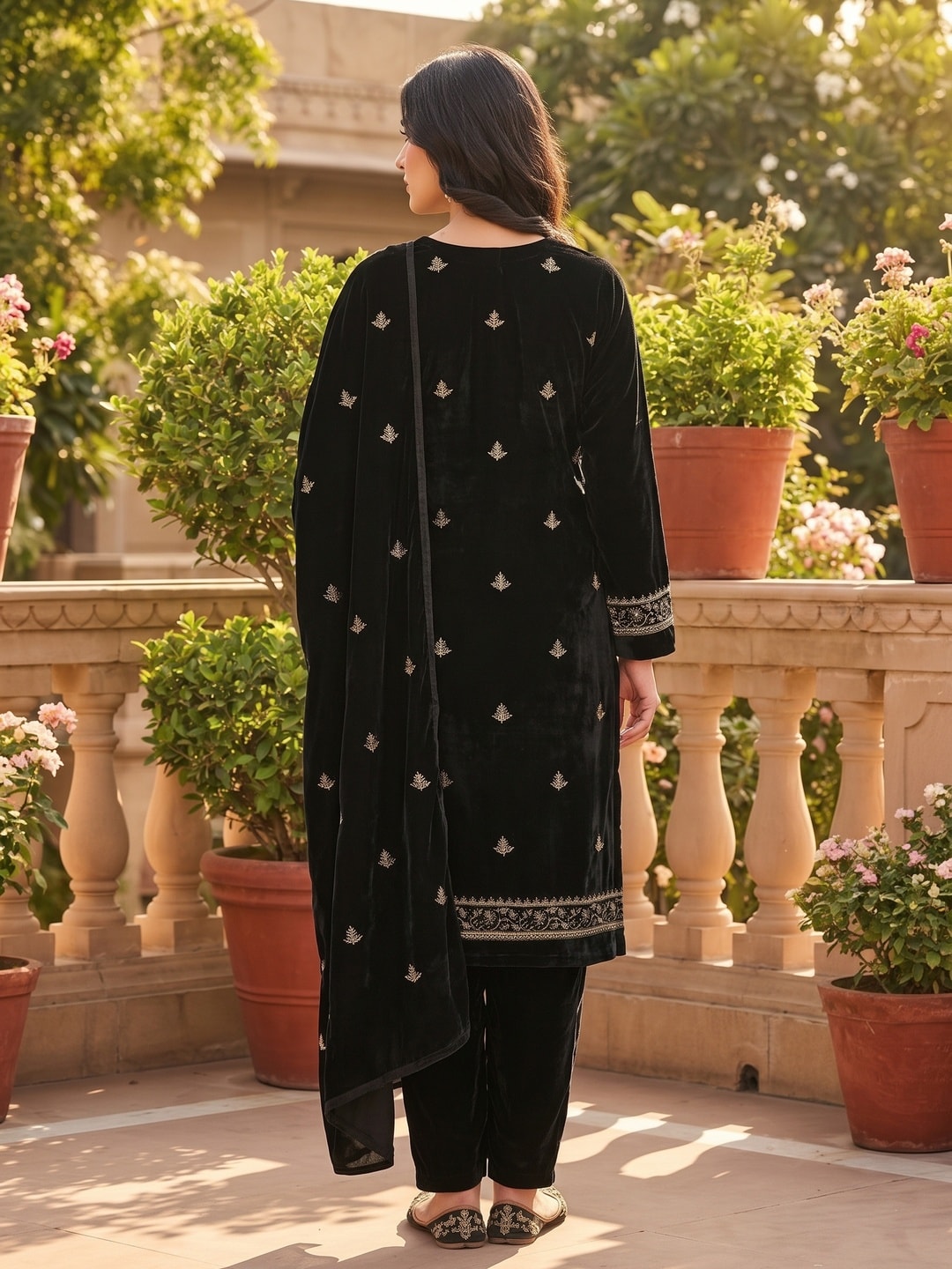 Peachmode Black Embroidered Velvet Salwar Suit with Dupatta - Image 4