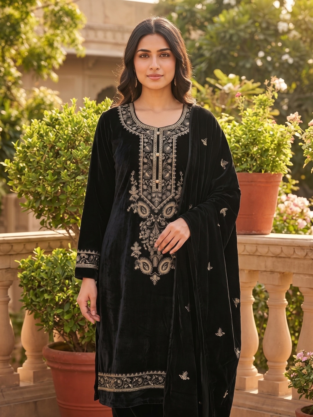 Peachmode Black Embroidered Velvet Salwar Suit with Dupatta - Image 5
