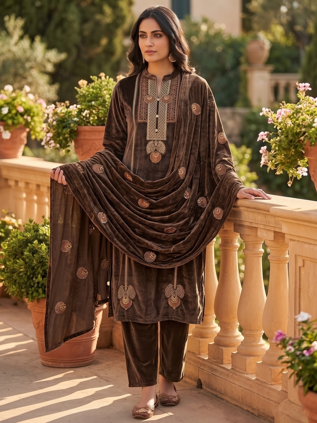 Peachmode Brown Embroidered Velvet Salwar Suit with Dupatta - Image 2