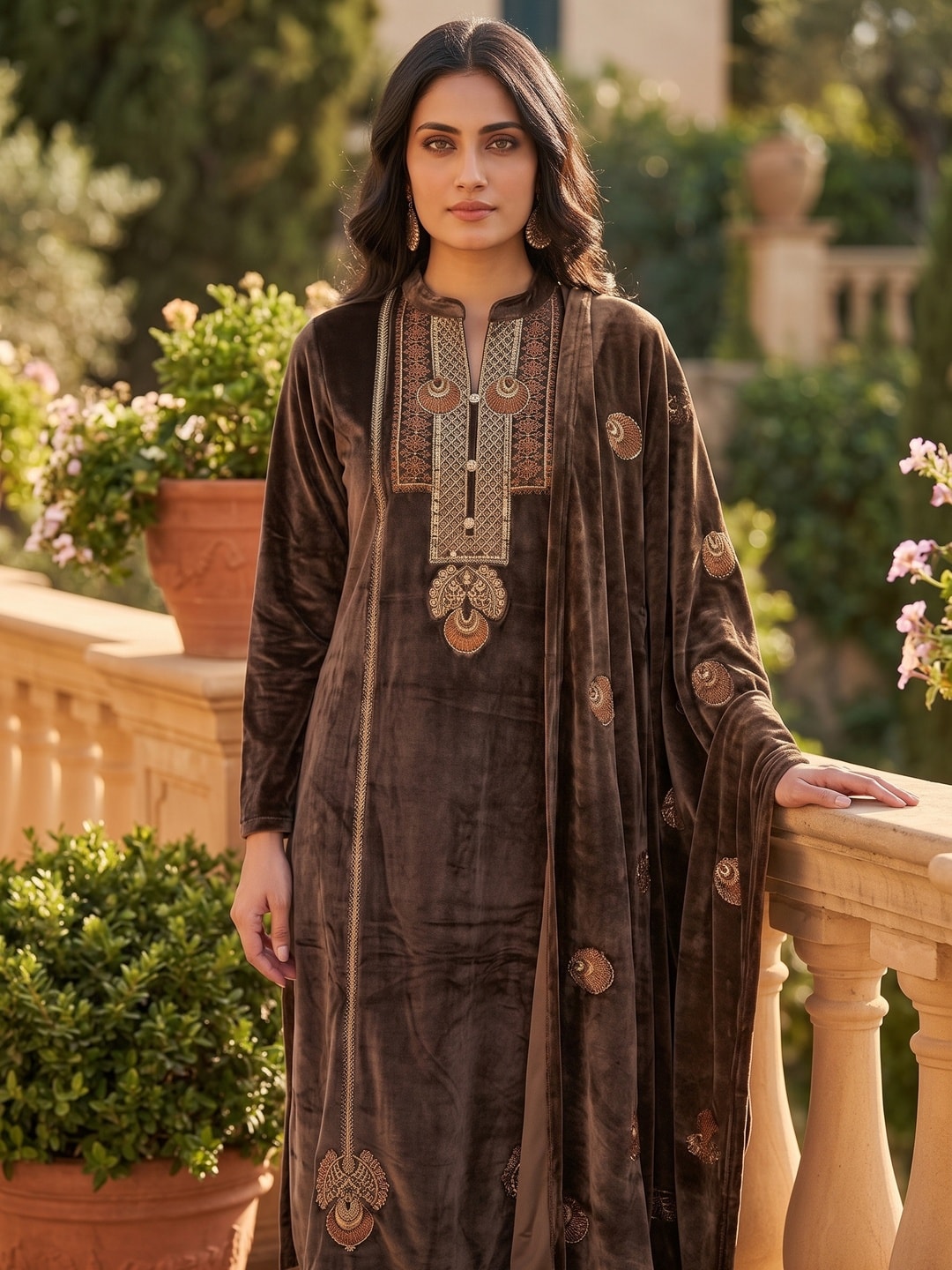Peachmode Brown Embroidered Velvet Salwar Suit with Dupatta - Image 5