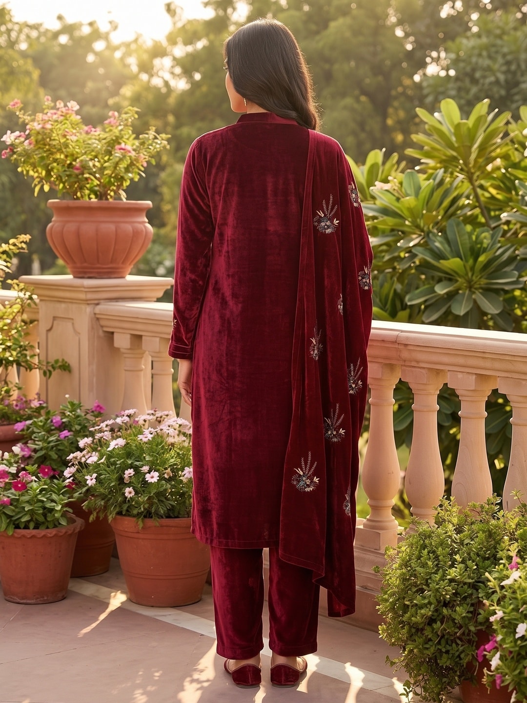 Peachmode Maroon Beaded Embroidered Velvet Salwar Suit with Dupatta - Image 4