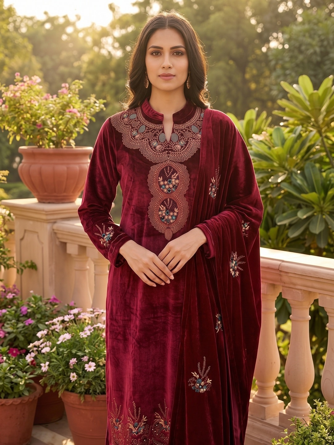 Peachmode Maroon Beaded Embroidered Velvet Salwar Suit with Dupatta - Image 5