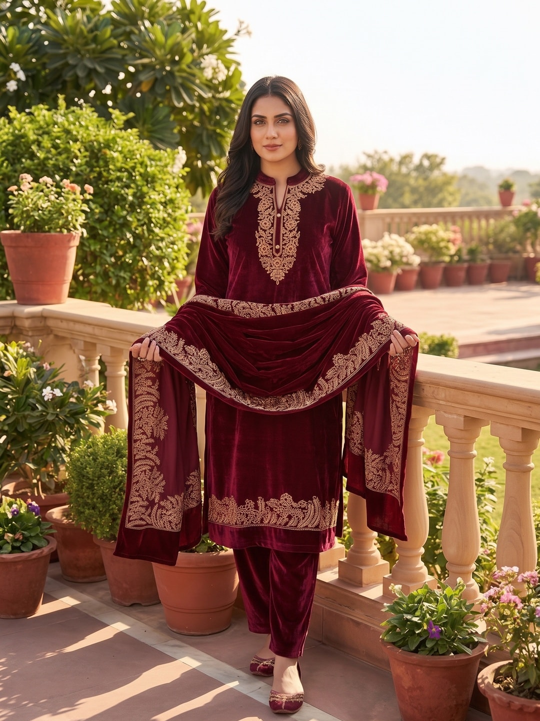 Peachmode Maroon Gold Embroidered Velvet Salwar Suit with Dupatta - Image 2