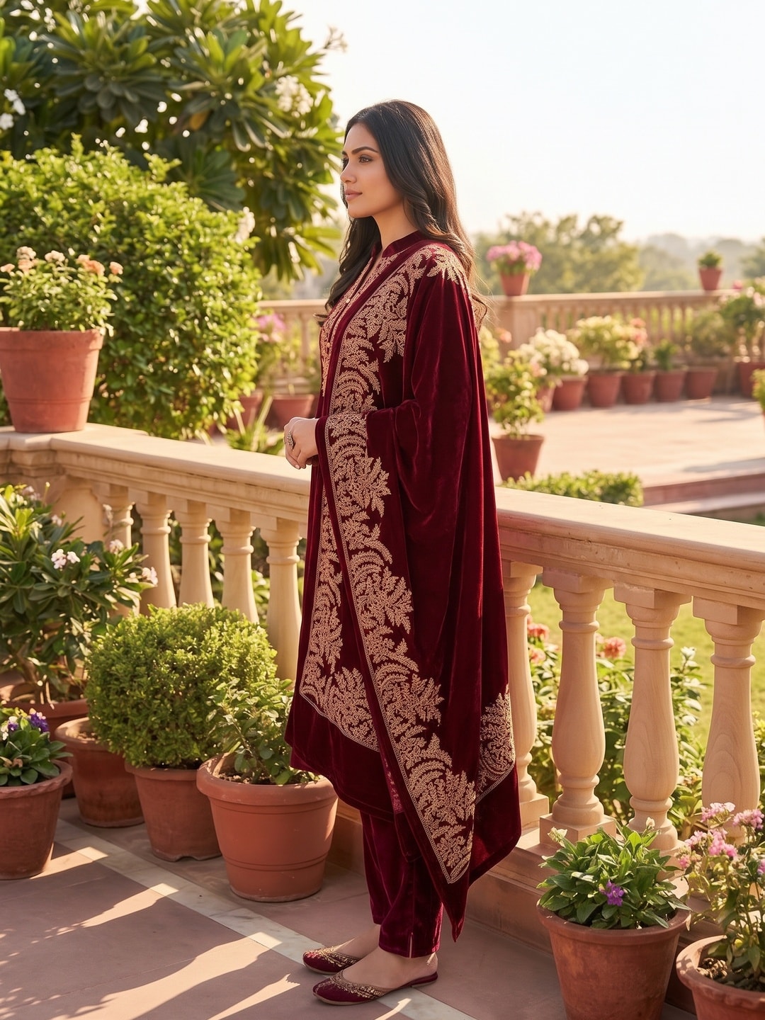 Peachmode Maroon Gold Embroidered Velvet Salwar Suit with Dupatta - Image 3