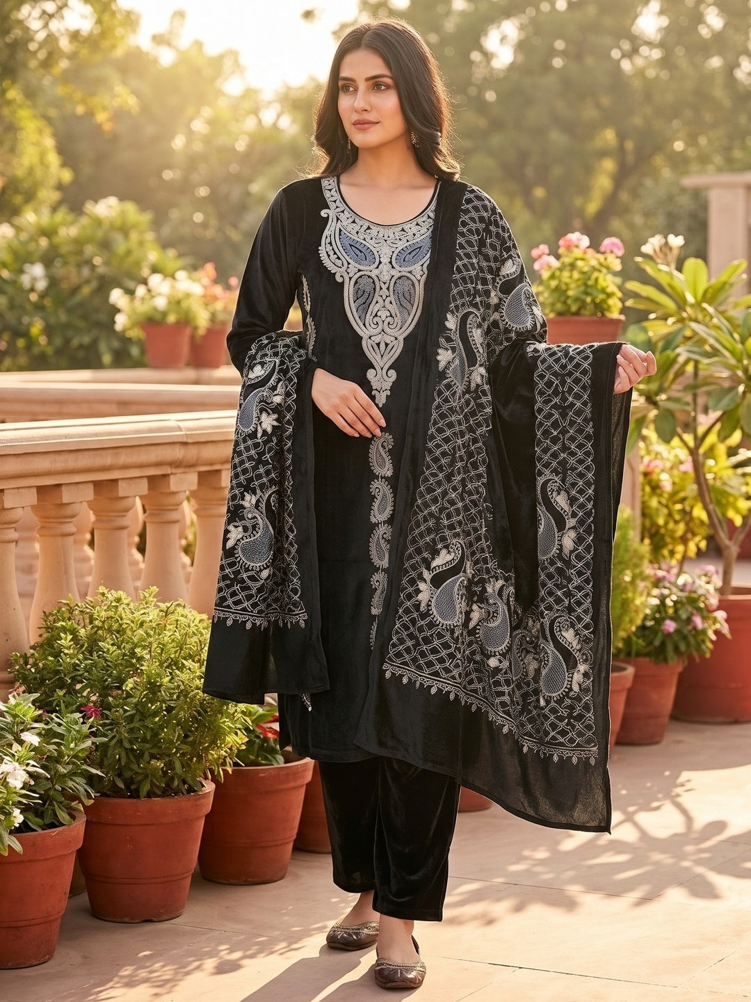 Peachmode Black Paisley Embroidered Velvet Salwar Suit with Dupatta - Image 2