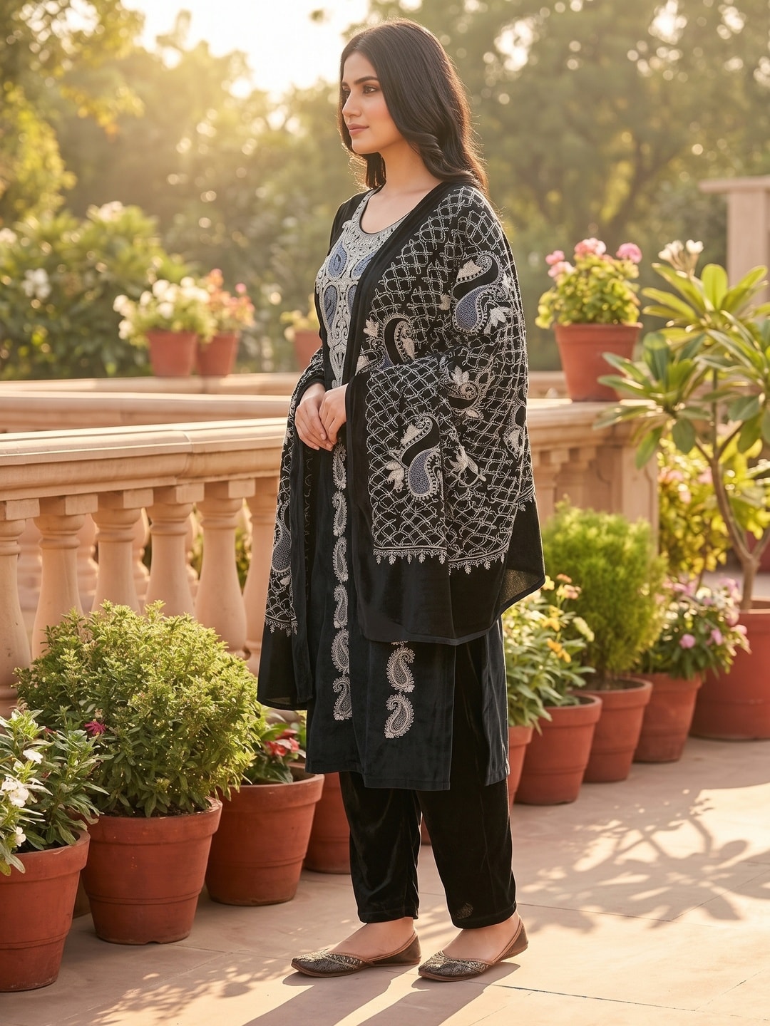 Peachmode Black Paisley Embroidered Velvet Salwar Suit with Dupatta - Image 3