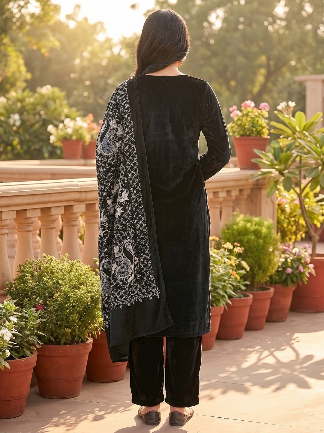 Peachmode Black Paisley Embroidered Velvet Salwar Suit with Dupatta - Image 4