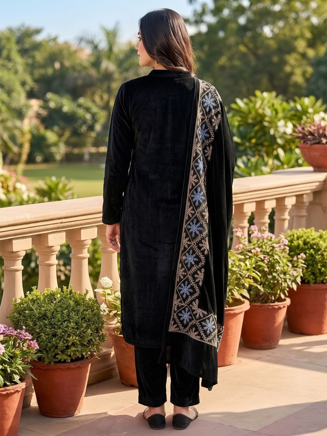 Peachmode Black Snowflake Embroidered Velvet Salwar Suit with Dupatta - Image 4