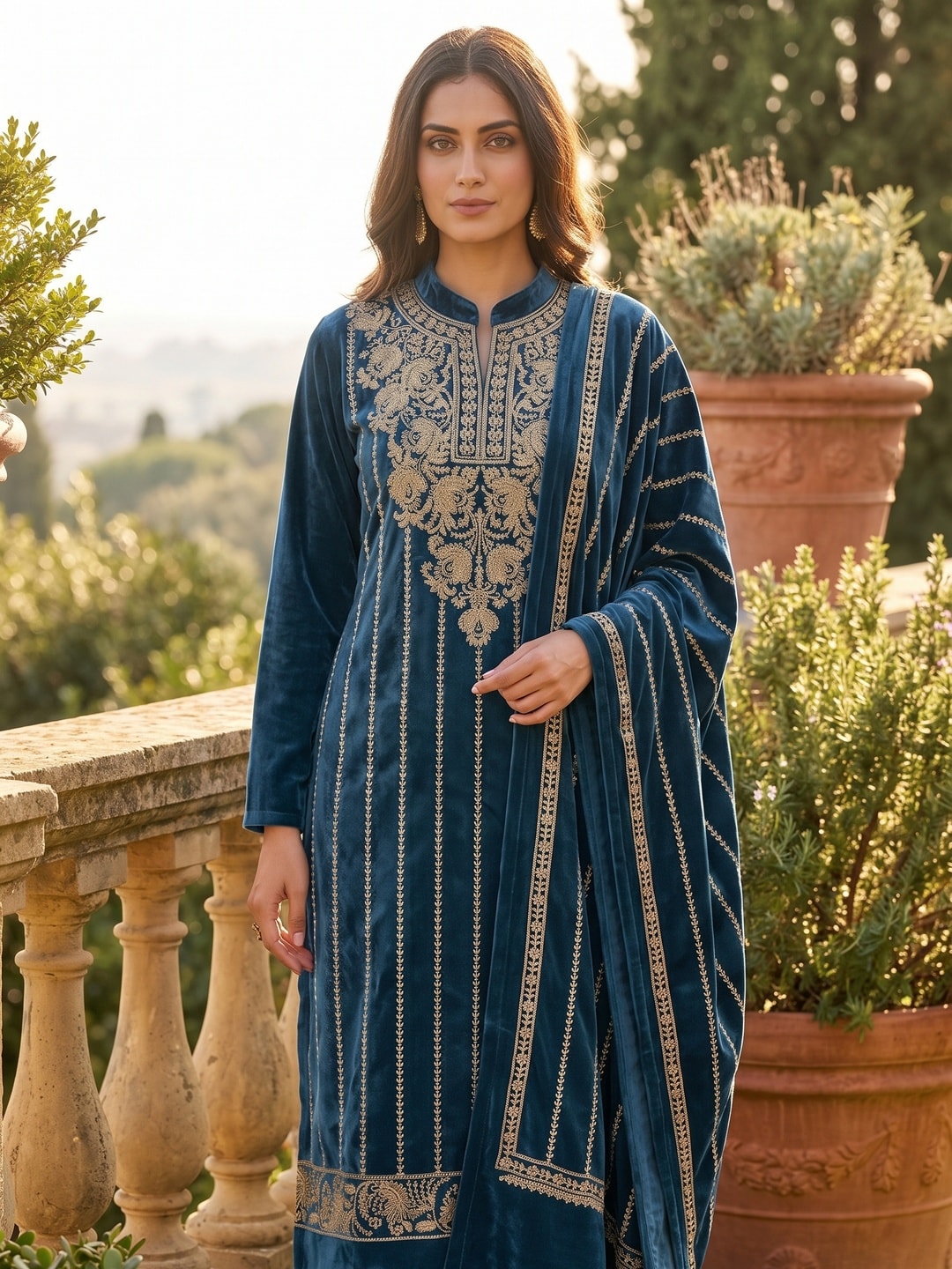 Peachmode Blue Gold Embroidered Velvet Salwar Suit with Dupatta - Image 5
