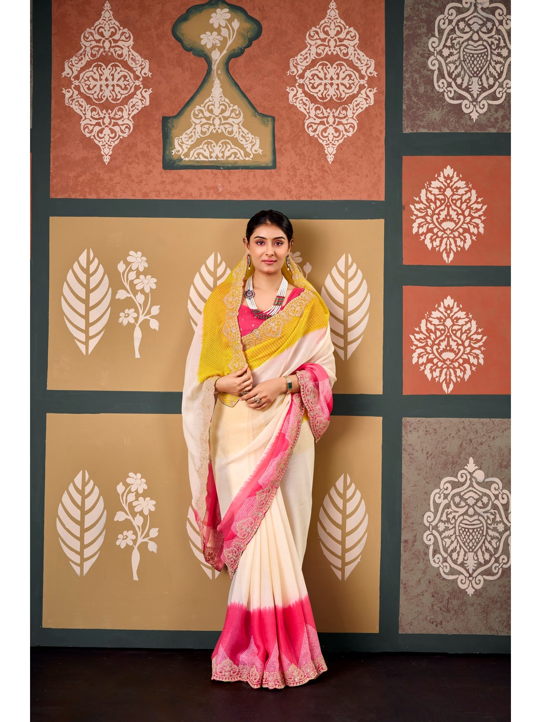 Peachmode Multicolor Ombre Bandhani Printed Chiffon Saree With Embroidered Border - Image 2