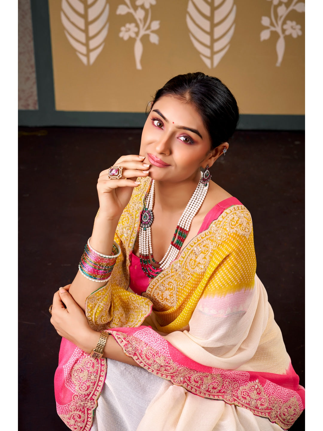Peachmode Multicolor Ombre Bandhani Printed Chiffon Saree With Embroidered Border - Image 5