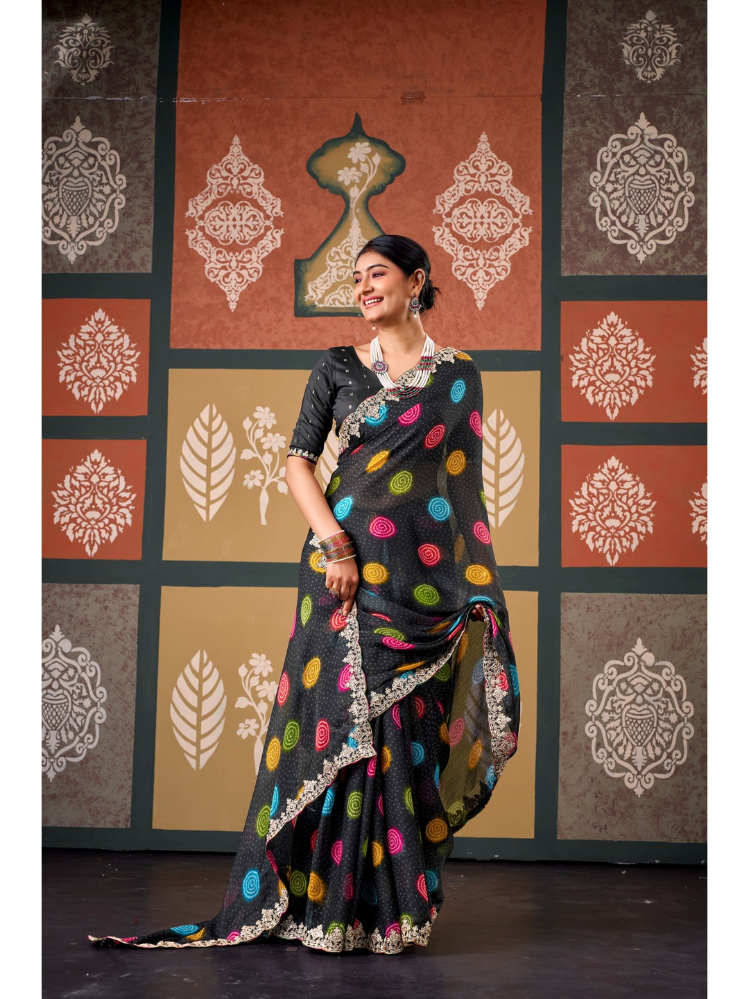 Peachmode Black Polka Printed Chiffon Saree With Embroidered Border - Image 2