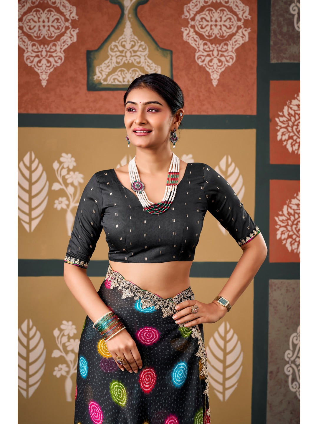 Peachmode Black Polka Printed Chiffon Saree With Embroidered Border - Image 3