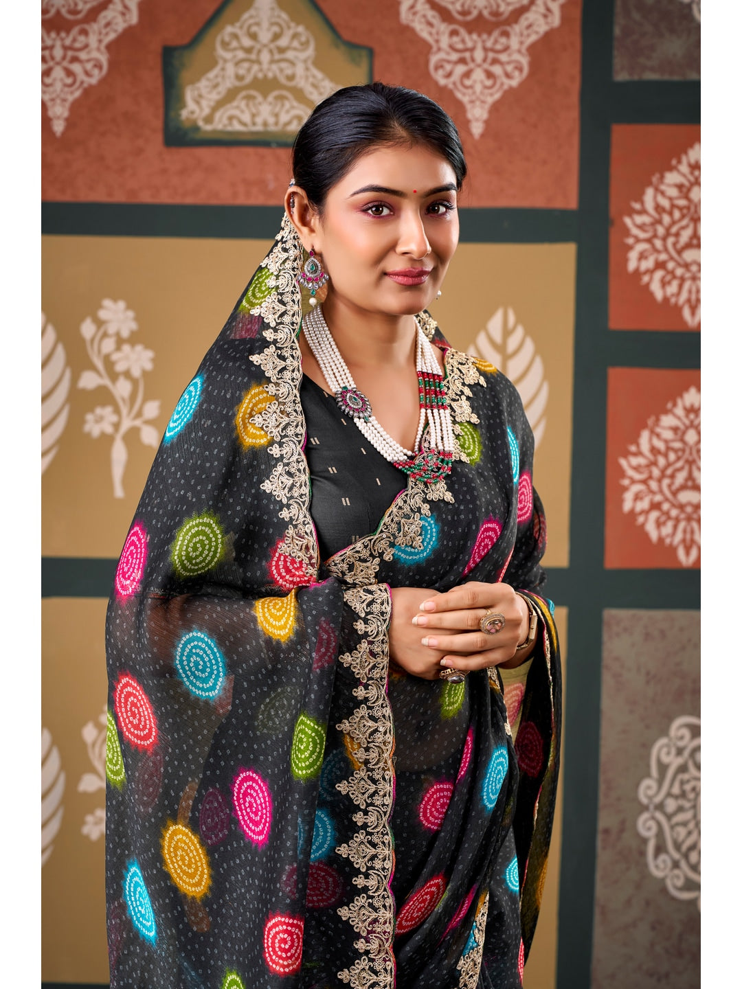 Peachmode Black Polka Printed Chiffon Saree With Embroidered Border - Image 4