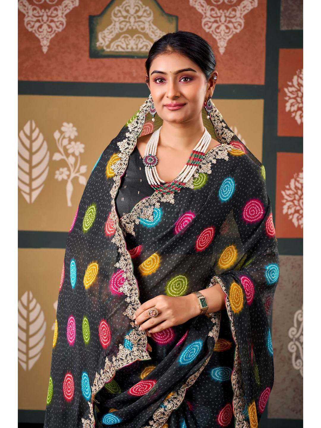 Peachmode Black Polka Printed Chiffon Saree With Embroidered Border - Image 5