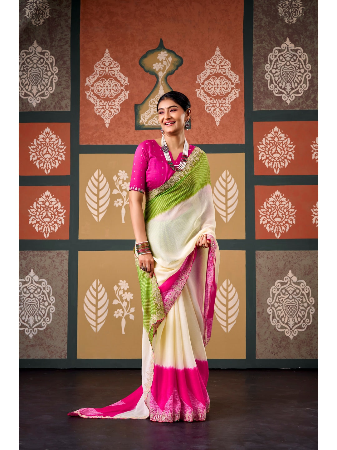 Peachmode Multicolor Ombre Bandhani Printed Chiffon Saree With Embroidered Border - Image 2