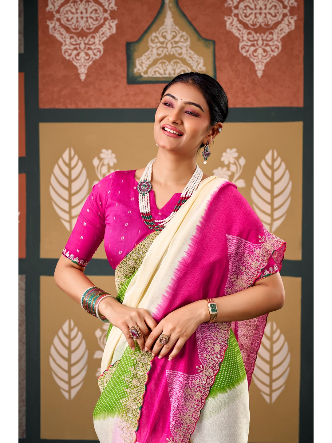 Peachmode Multicolor Ombre Bandhani Printed Chiffon Saree With Embroidered Border - Image 5