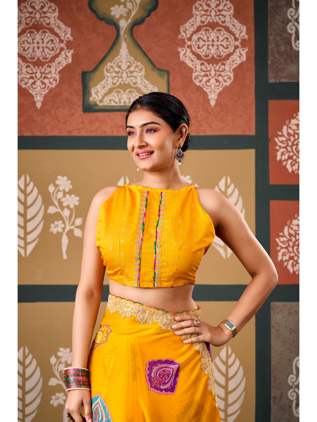 Peachmode Yellow Bandhani Printed Chiffon Saree With Embroidered Border - Image 3