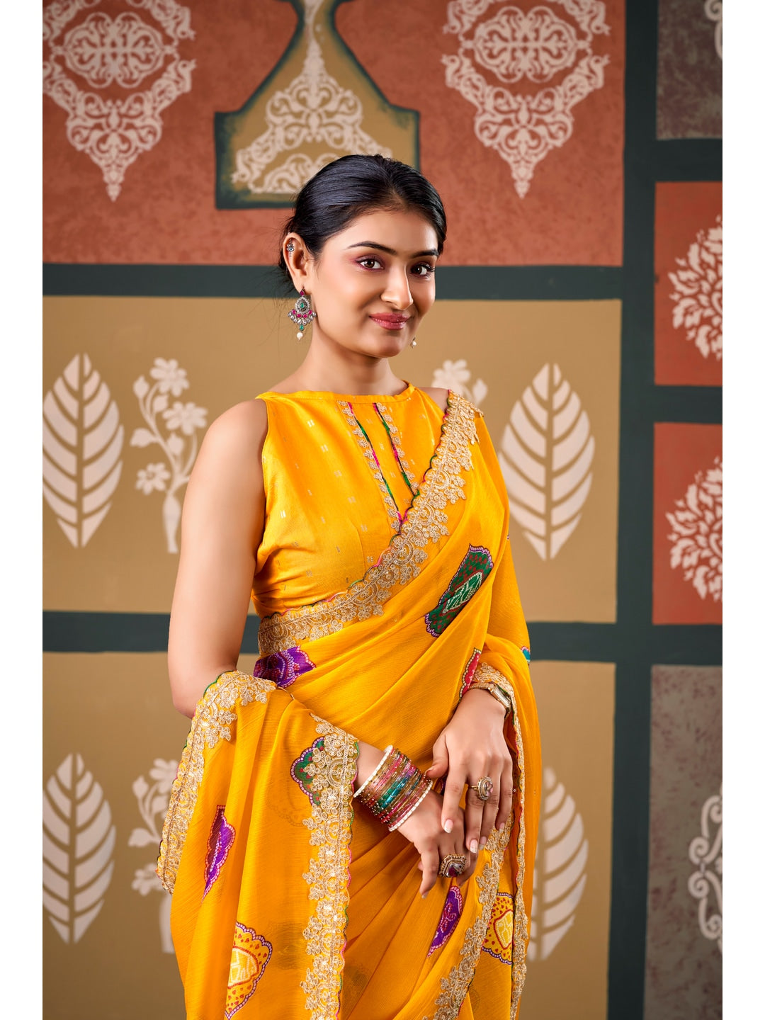 Peachmode Yellow Bandhani Printed Chiffon Saree With Embroidered Border - Image 4