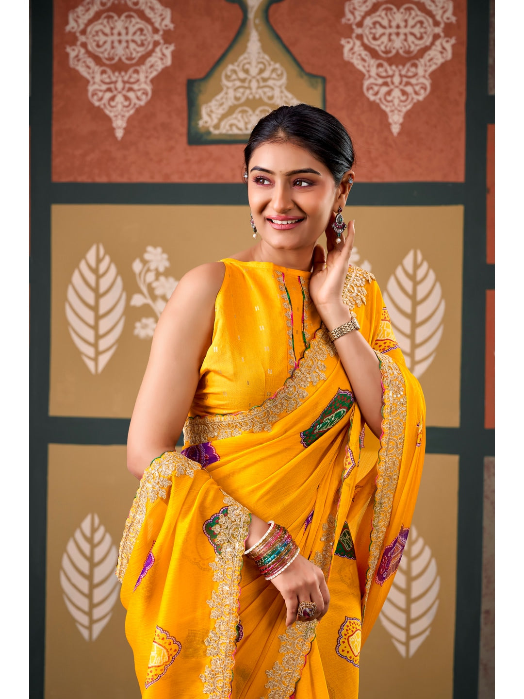 Peachmode Yellow Bandhani Printed Chiffon Saree With Embroidered Border - Image 5