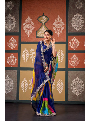 Peachmode Navy Blue Bandhani Printed Chiffon Saree With Embroidered Border - Image 1