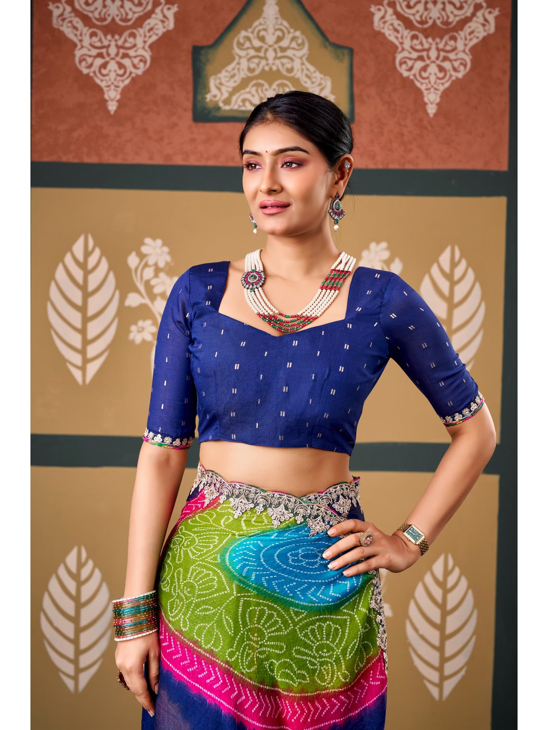 Peachmode Navy Blue Bandhani Printed Chiffon Saree With Embroidered Border - Image 3
