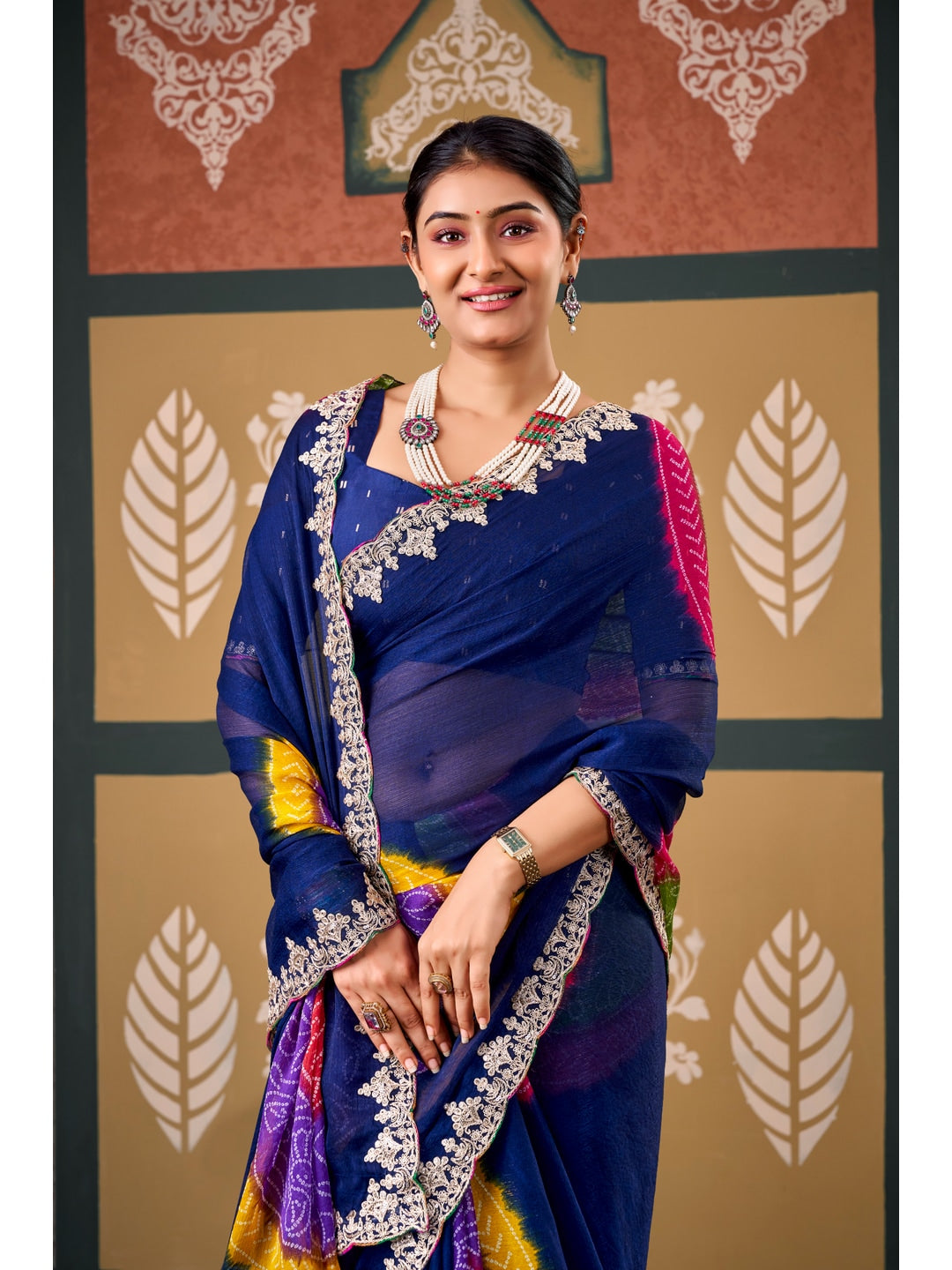 Peachmode Navy Blue Bandhani Printed Chiffon Saree With Embroidered Border - Image 4