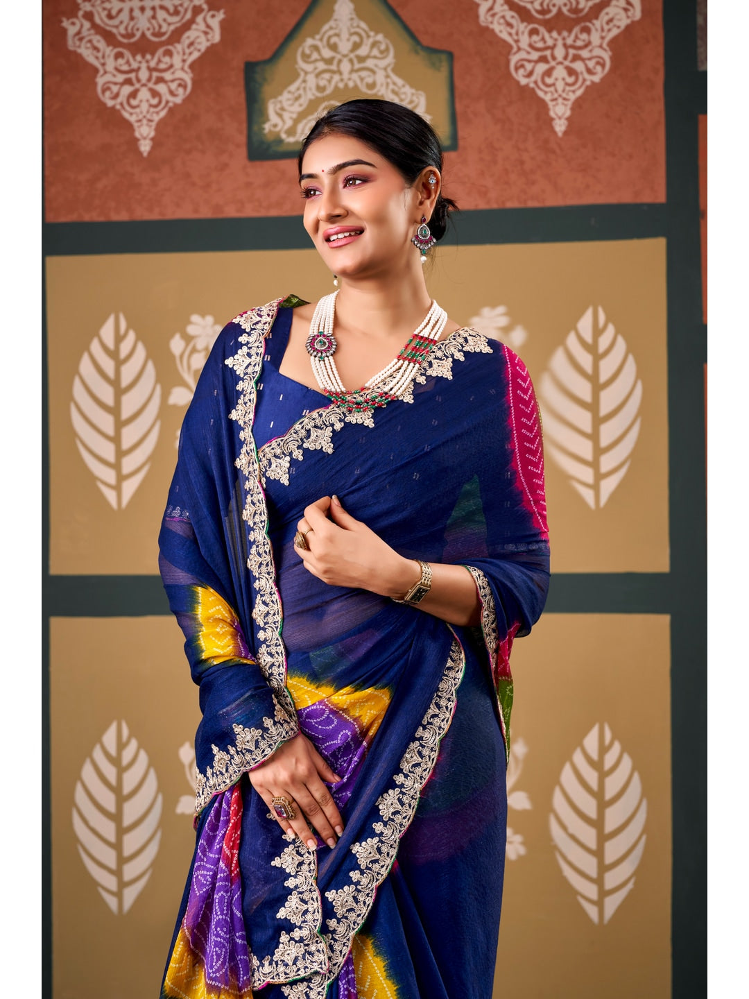 Peachmode Navy Blue Bandhani Printed Chiffon Saree With Embroidered Border - Image 5