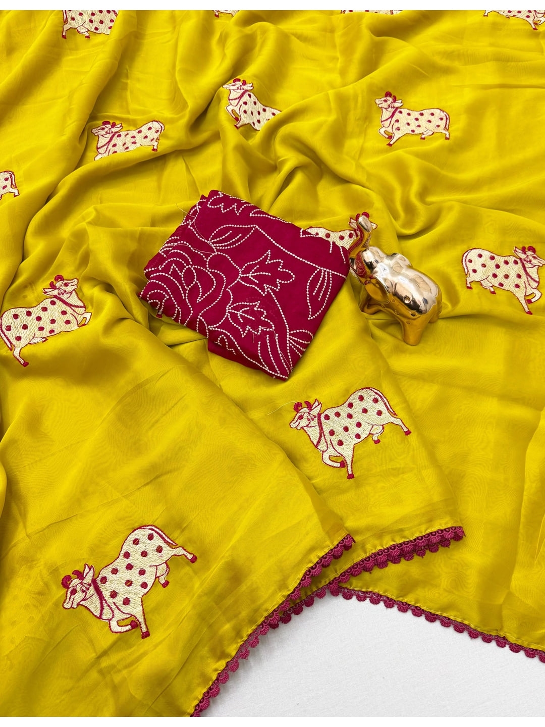 Peachmode Lemon Yellow Viscose Rangoli Saree With Kamdhenu Cow Embroidery - Image 3