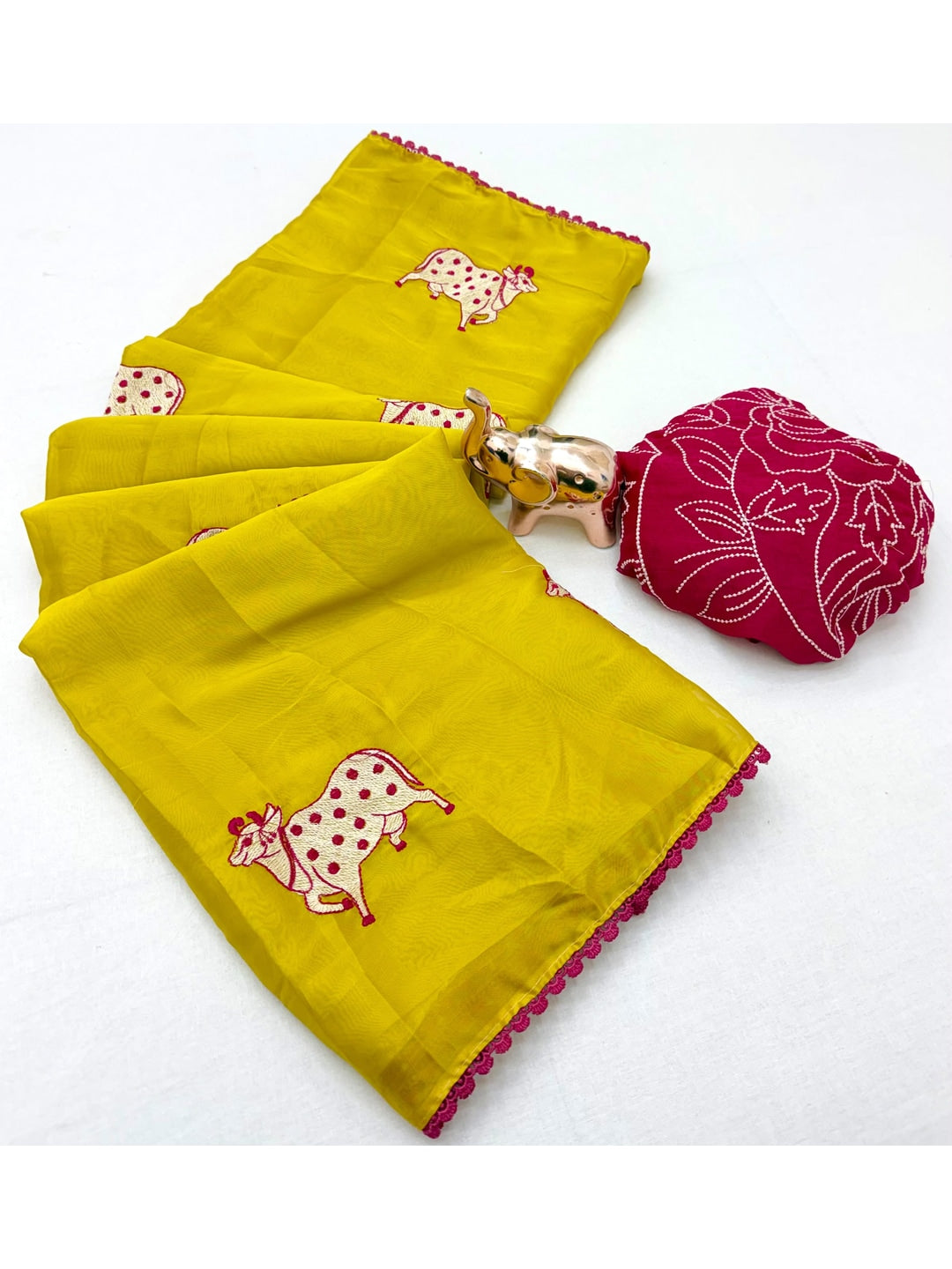 Peachmode Lemon Yellow Viscose Rangoli Saree With Kamdhenu Cow Embroidery - Image 5