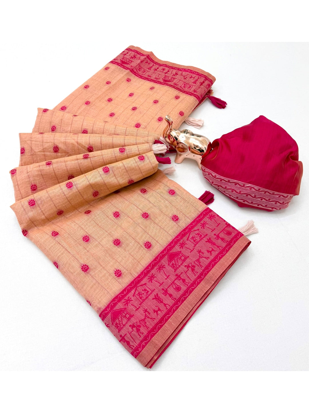 Peachmode Peach Tussar Cotton Silk Saree with Warli - Image 4