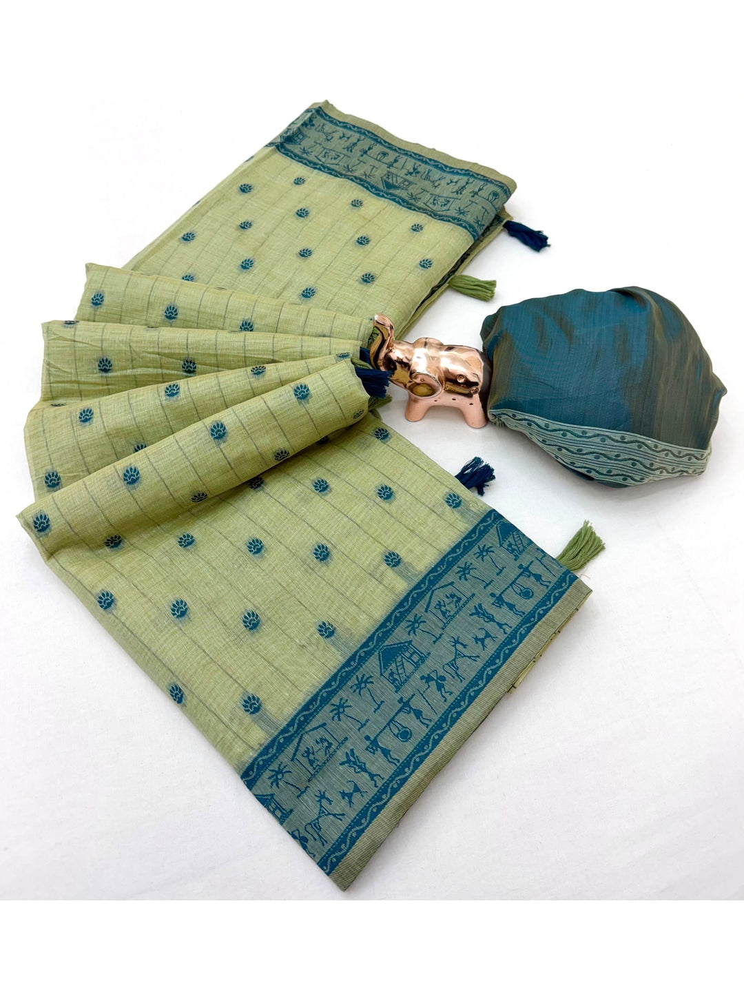 Peachmode Sage Green Tussar Cotton Silk Saree with Warli - Image 5