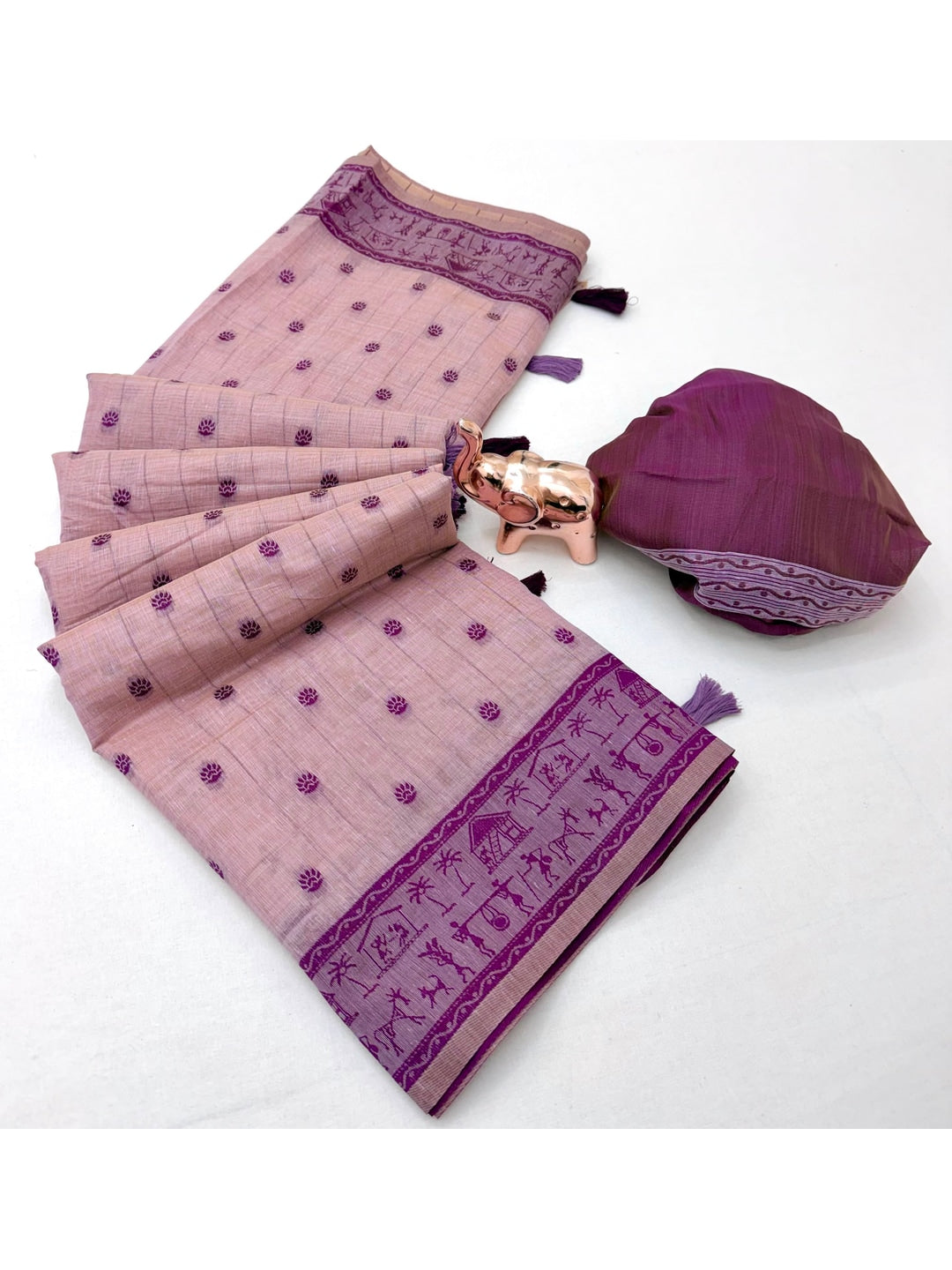 Peachmode Lavender Tussar Cotton Silk Saree with Warli - Image 5