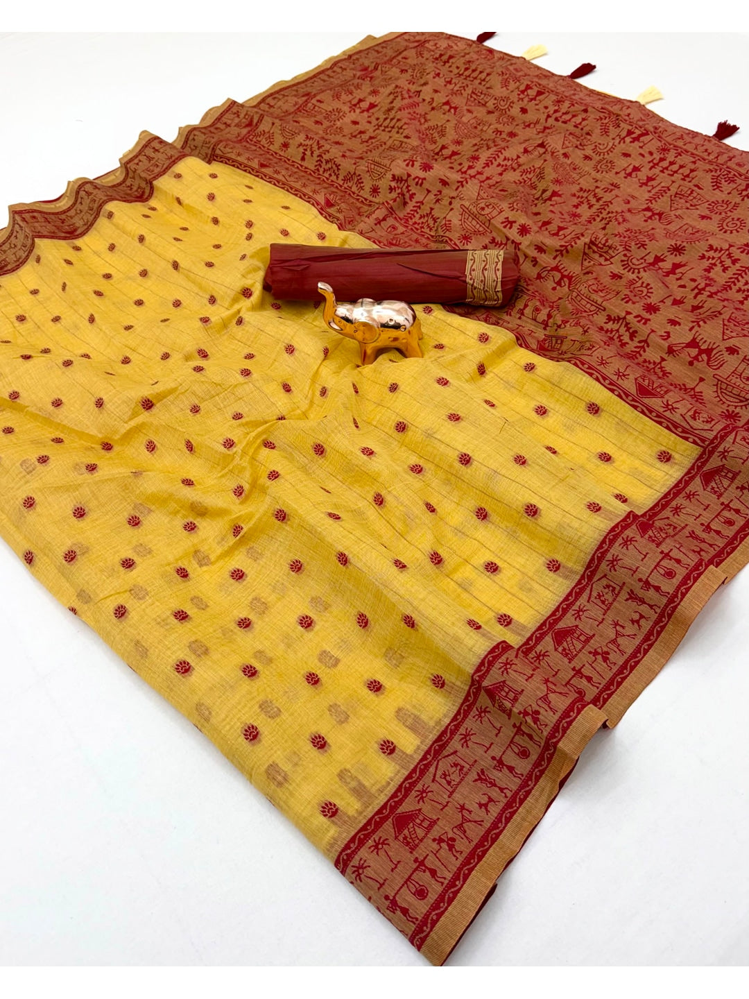 Peachmode Yellow Tussar Cotton Silk Saree with Warli - Image 5