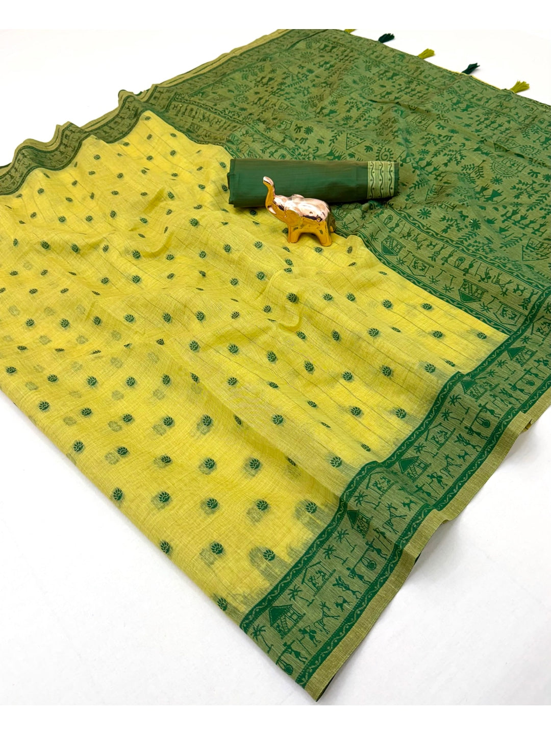 Peachmode Lime Green Tussar Cotton Silk Saree with Warli - Image 4