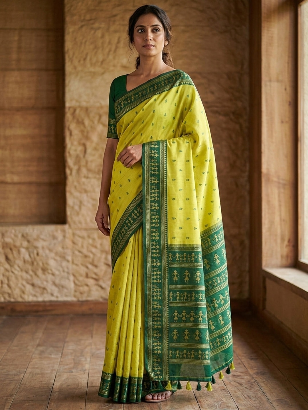Peachmode Lime Green Tussar Cotton Silk Saree with Warli - Image 1