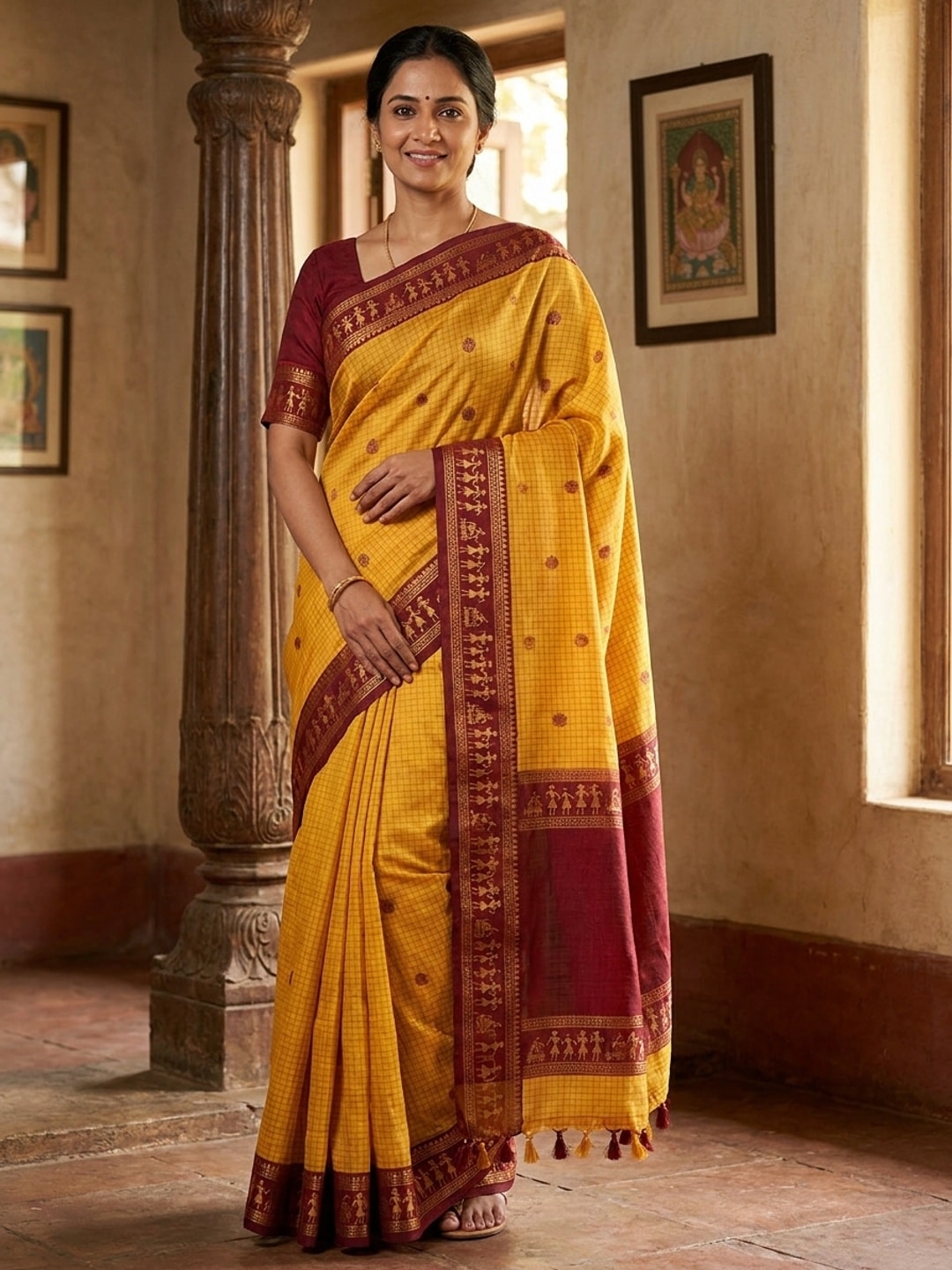 Peachmode Yellow Tussar Cotton Silk Saree with Warli - Image 1