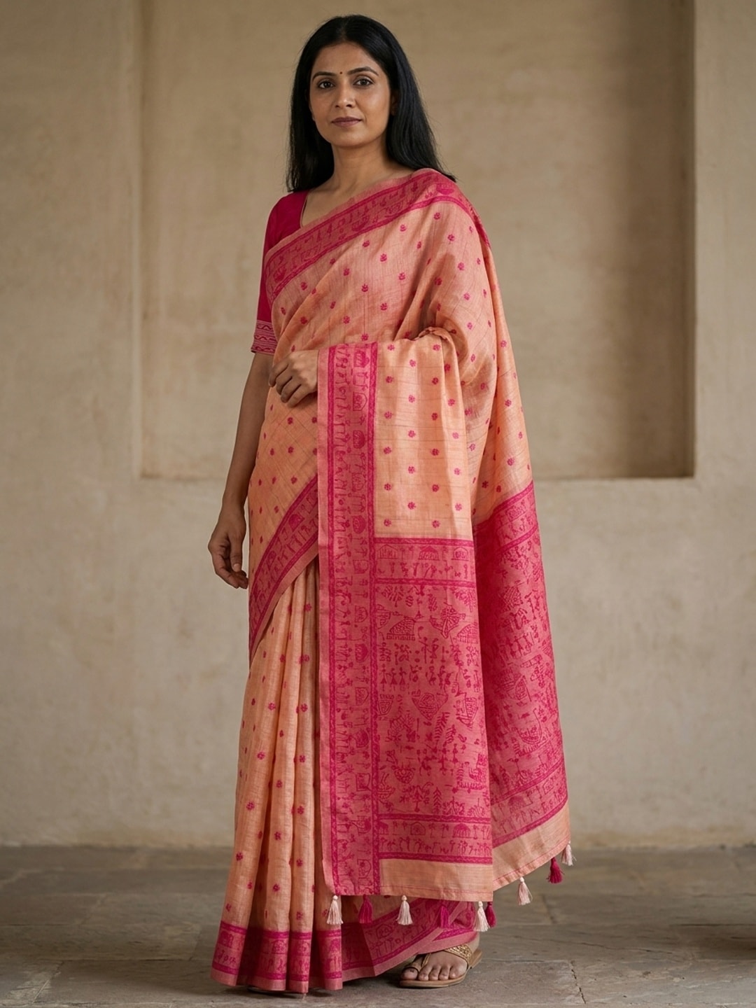 Peachmode Peach Tussar Cotton Silk Saree with Warli - Image 1