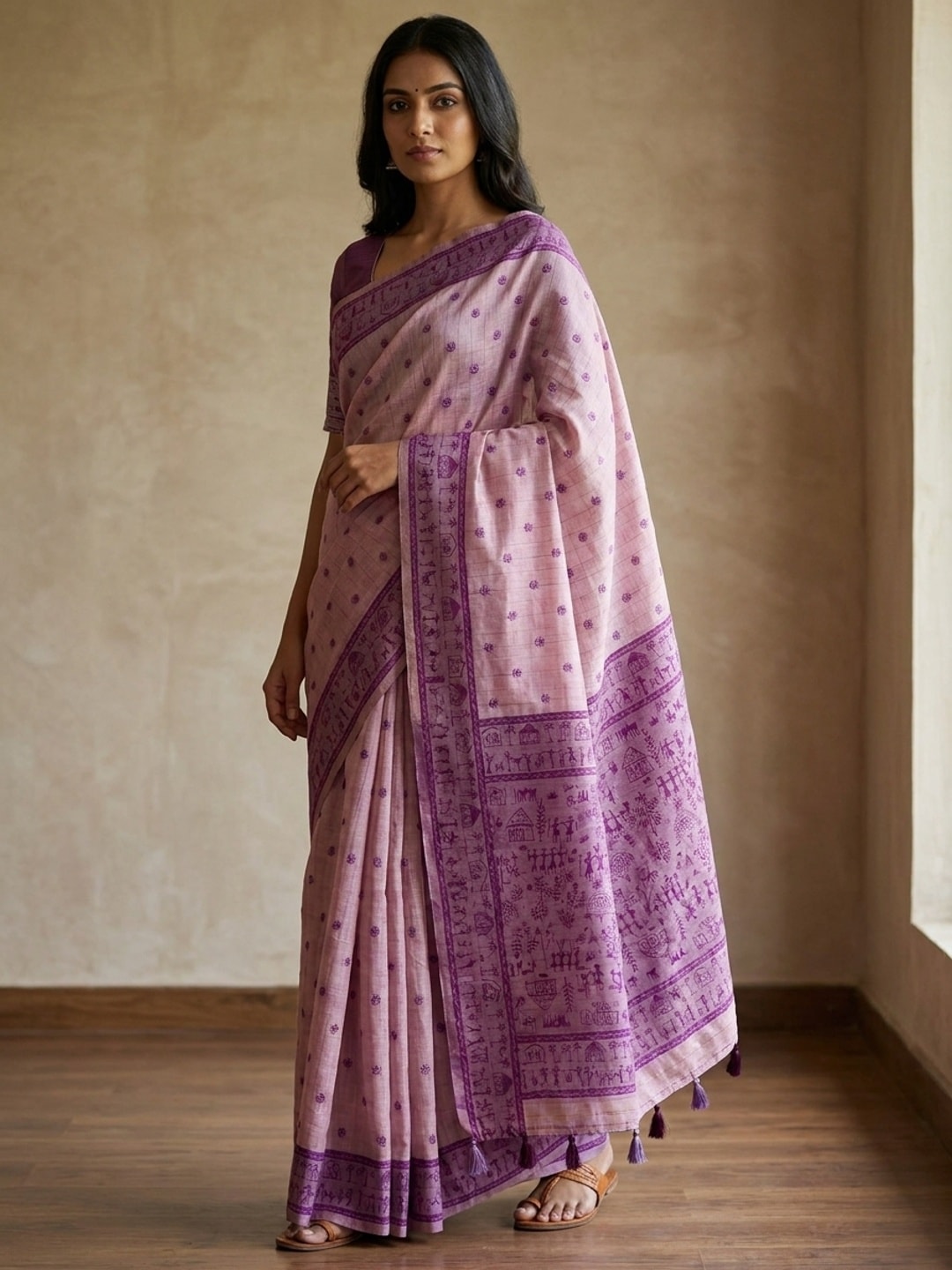 Peachmode Lavender Tussar Cotton Silk Saree with Warli - Image 1