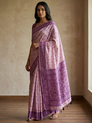 Peachmode Lavender Tussar Cotton Silk Saree with Warli - Image 1