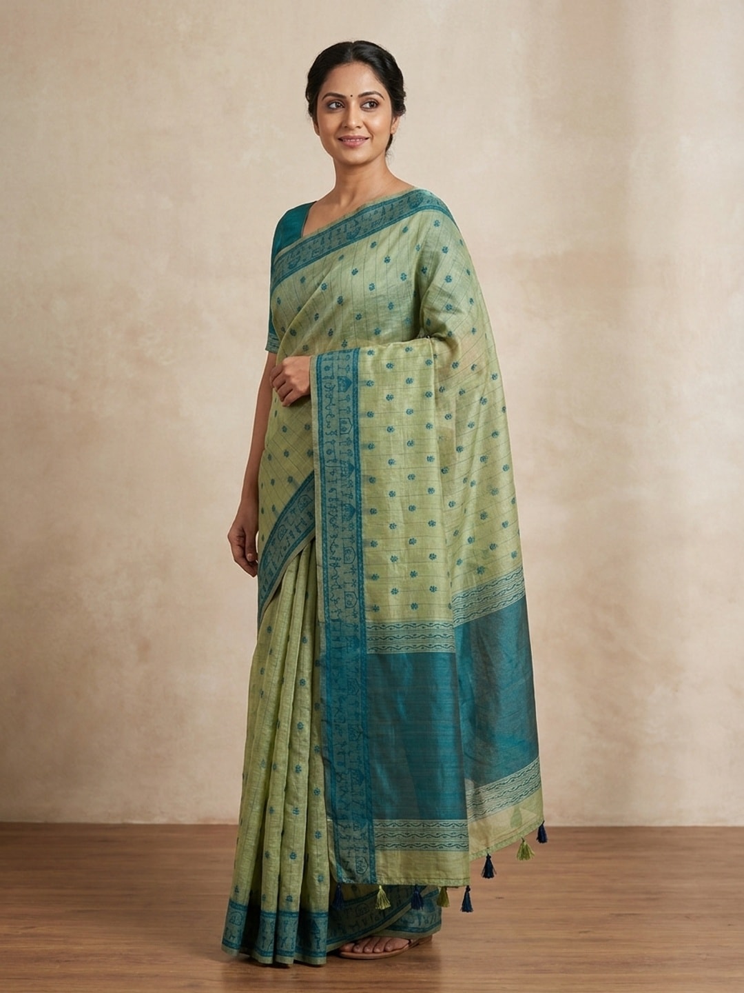 Peachmode Sage Green Tussar Cotton Silk Saree with Warli - Image 1